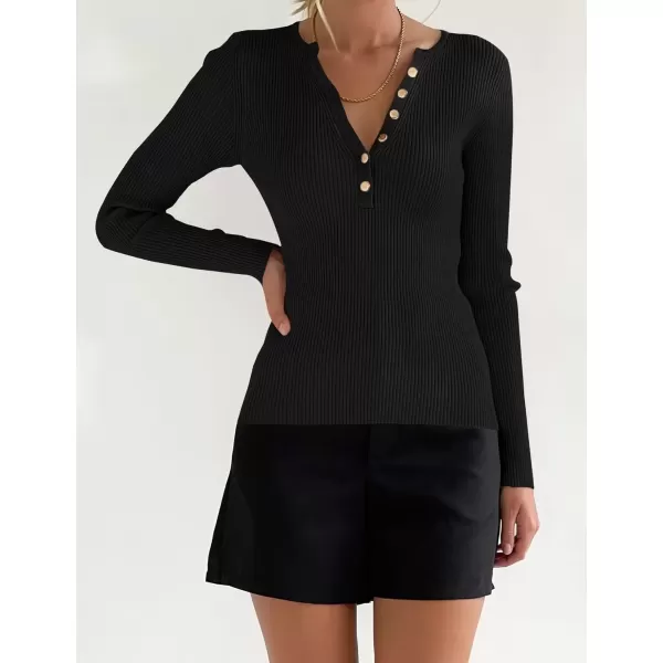 imageZESICA Womens 2024 Long Sleeve Button Down V Neck Slim Fitted T Shirts Fall Casual Ribbed Knit Basic Tee TopsBlack