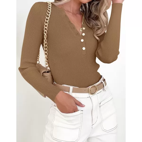 imageZESICA Womens 2024 Long Sleeve Button Down V Neck Slim Fitted T Shirts Fall Casual Ribbed Knit Basic Tee TopsBrown