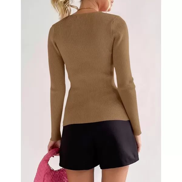 imageZESICA Womens 2024 Long Sleeve Button Down V Neck Slim Fitted T Shirts Fall Casual Ribbed Knit Basic Tee TopsBrown
