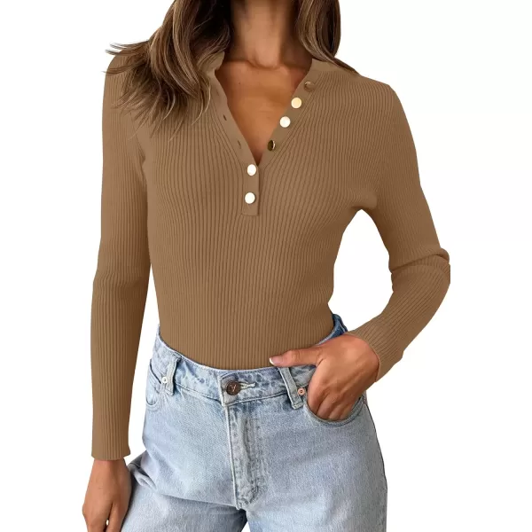 imageZESICA Womens 2024 Long Sleeve Button Down V Neck Slim Fitted T Shirts Fall Casual Ribbed Knit Basic Tee TopsBrown
