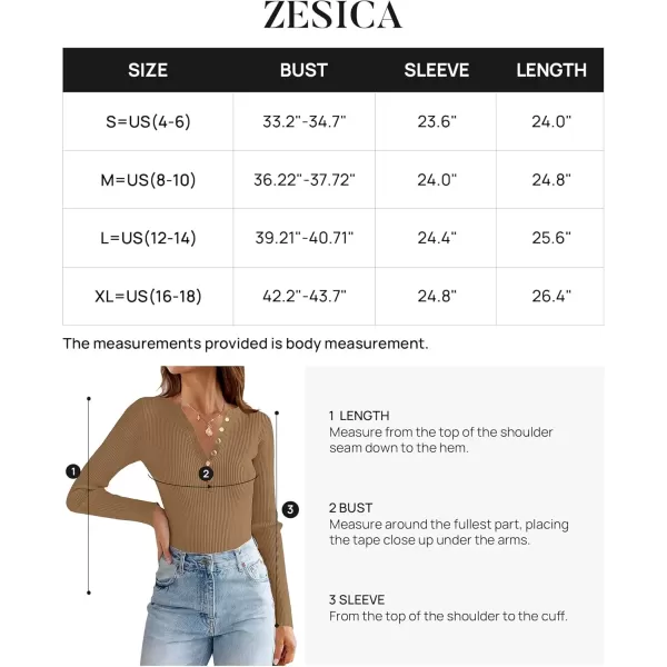 imageZESICA Womens 2024 Long Sleeve Button Down V Neck Slim Fitted T Shirts Fall Casual Ribbed Knit Basic Tee TopsBrown