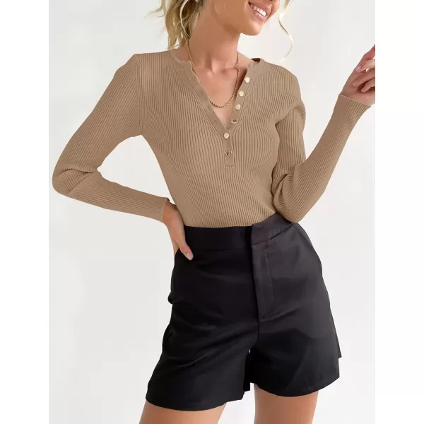 imageZESICA Womens 2024 Long Sleeve Button Down V Neck Slim Fitted T Shirts Fall Casual Ribbed Knit Basic Tee TopsCamel