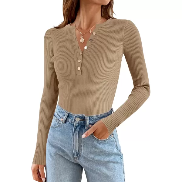 imageZESICA Womens 2024 Long Sleeve Button Down V Neck Slim Fitted T Shirts Fall Casual Ribbed Knit Basic Tee TopsCamel