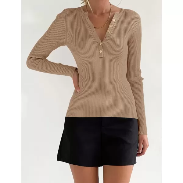 imageZESICA Womens 2024 Long Sleeve Button Down V Neck Slim Fitted T Shirts Fall Casual Ribbed Knit Basic Tee TopsCamel