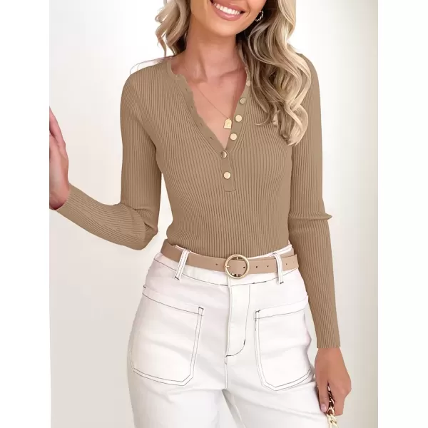 imageZESICA Womens 2024 Long Sleeve Button Down V Neck Slim Fitted T Shirts Fall Casual Ribbed Knit Basic Tee TopsCamel