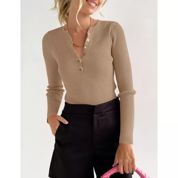 imageZESICA Womens 2024 Long Sleeve Button Down V Neck Slim Fitted T Shirts Fall Casual Ribbed Knit Basic Tee TopsCamel