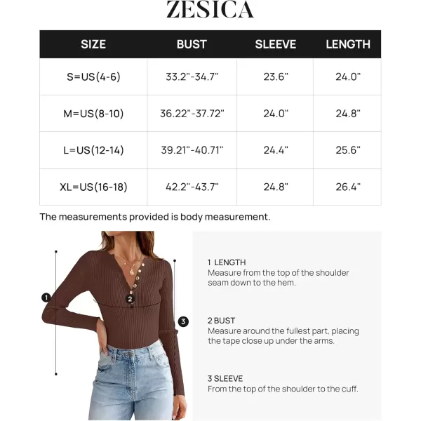 imageZESICA Womens 2024 Long Sleeve Button Down V Neck Slim Fitted T Shirts Fall Casual Ribbed Knit Basic Tee TopsCoffee