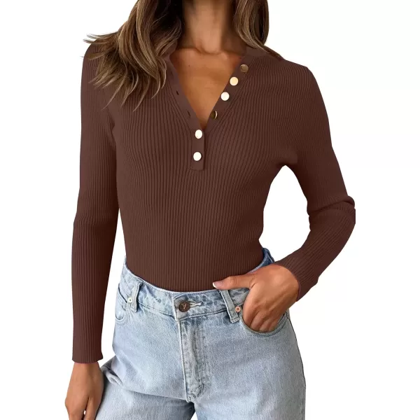 imageZESICA Womens 2024 Long Sleeve Button Down V Neck Slim Fitted T Shirts Fall Casual Ribbed Knit Basic Tee TopsCoffee