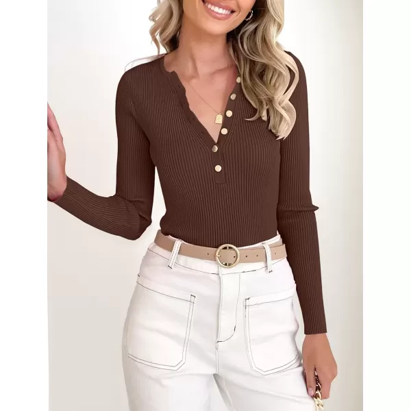 imageZESICA Womens 2024 Long Sleeve Button Down V Neck Slim Fitted T Shirts Fall Casual Ribbed Knit Basic Tee TopsCoffee