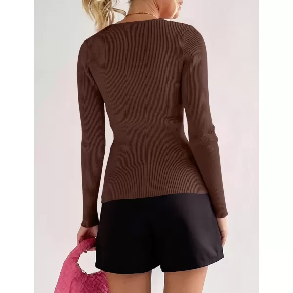 imageZESICA Womens 2024 Long Sleeve Button Down V Neck Slim Fitted T Shirts Fall Casual Ribbed Knit Basic Tee TopsCoffee