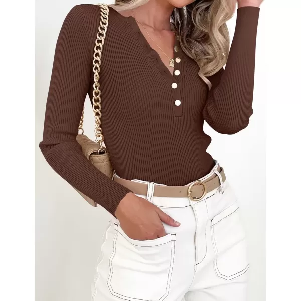 imageZESICA Womens 2024 Long Sleeve Button Down V Neck Slim Fitted T Shirts Fall Casual Ribbed Knit Basic Tee TopsCoffee