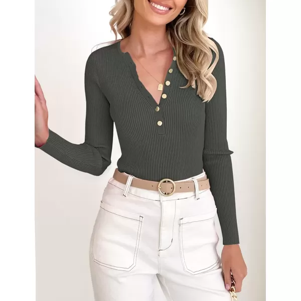 imageZESICA Womens 2024 Long Sleeve Button Down V Neck Slim Fitted T Shirts Fall Casual Ribbed Knit Basic Tee TopsDarkgrey