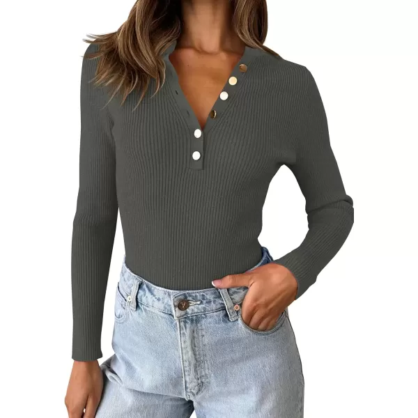 imageZESICA Womens 2024 Long Sleeve Button Down V Neck Slim Fitted T Shirts Fall Casual Ribbed Knit Basic Tee TopsDarkgrey