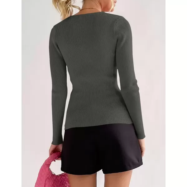 imageZESICA Womens 2024 Long Sleeve Button Down V Neck Slim Fitted T Shirts Fall Casual Ribbed Knit Basic Tee TopsDarkgrey