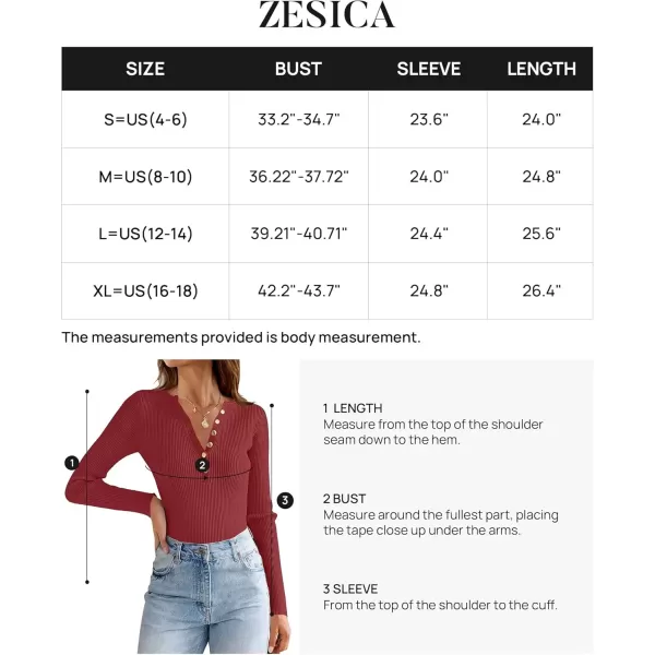 imageZESICA Womens 2024 Long Sleeve Button Down V Neck Slim Fitted T Shirts Fall Casual Ribbed Knit Basic Tee TopsDarkred