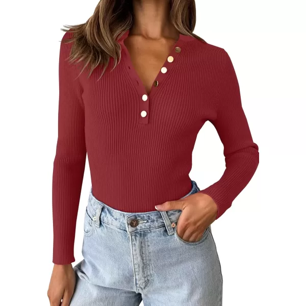 imageZESICA Womens 2024 Long Sleeve Button Down V Neck Slim Fitted T Shirts Fall Casual Ribbed Knit Basic Tee TopsDarkred