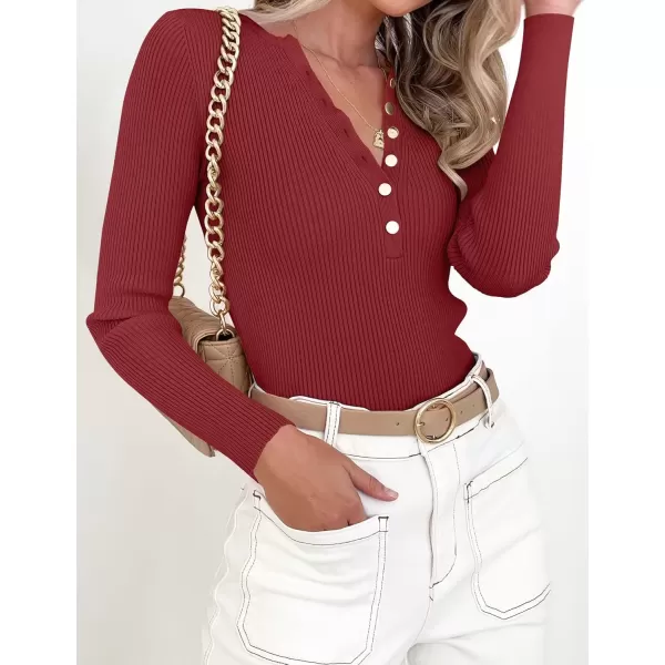imageZESICA Womens 2024 Long Sleeve Button Down V Neck Slim Fitted T Shirts Fall Casual Ribbed Knit Basic Tee TopsDarkred