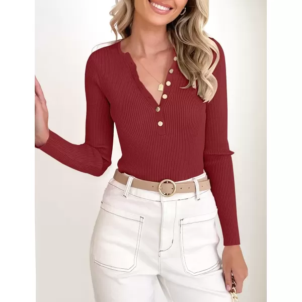 imageZESICA Womens 2024 Long Sleeve Button Down V Neck Slim Fitted T Shirts Fall Casual Ribbed Knit Basic Tee TopsDarkred