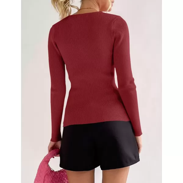 imageZESICA Womens 2024 Long Sleeve Button Down V Neck Slim Fitted T Shirts Fall Casual Ribbed Knit Basic Tee TopsDarkred