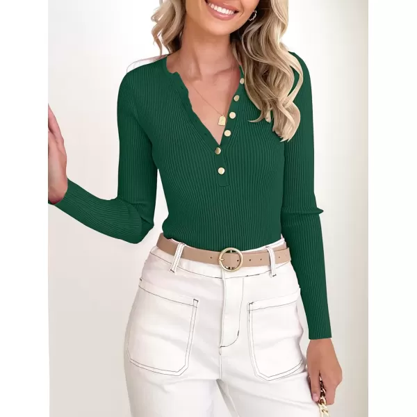 imageZESICA Womens 2024 Long Sleeve Button Down V Neck Slim Fitted T Shirts Fall Casual Ribbed Knit Basic Tee TopsGreen