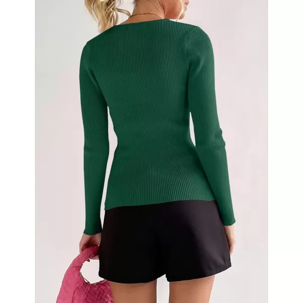 imageZESICA Womens 2024 Long Sleeve Button Down V Neck Slim Fitted T Shirts Fall Casual Ribbed Knit Basic Tee TopsGreen