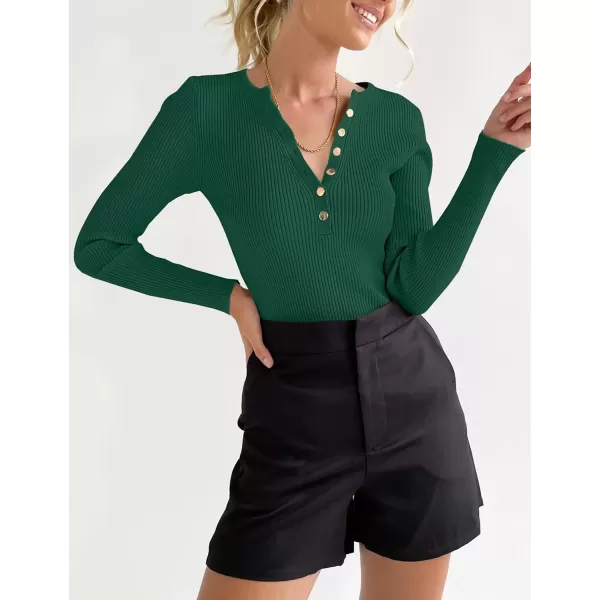 imageZESICA Womens 2024 Long Sleeve Button Down V Neck Slim Fitted T Shirts Fall Casual Ribbed Knit Basic Tee TopsGreen