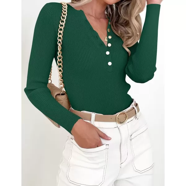 imageZESICA Womens 2024 Long Sleeve Button Down V Neck Slim Fitted T Shirts Fall Casual Ribbed Knit Basic Tee TopsGreen