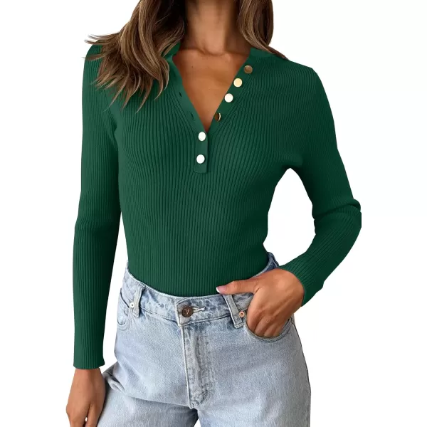 imageZESICA Womens 2024 Long Sleeve Button Down V Neck Slim Fitted T Shirts Fall Casual Ribbed Knit Basic Tee TopsGreen