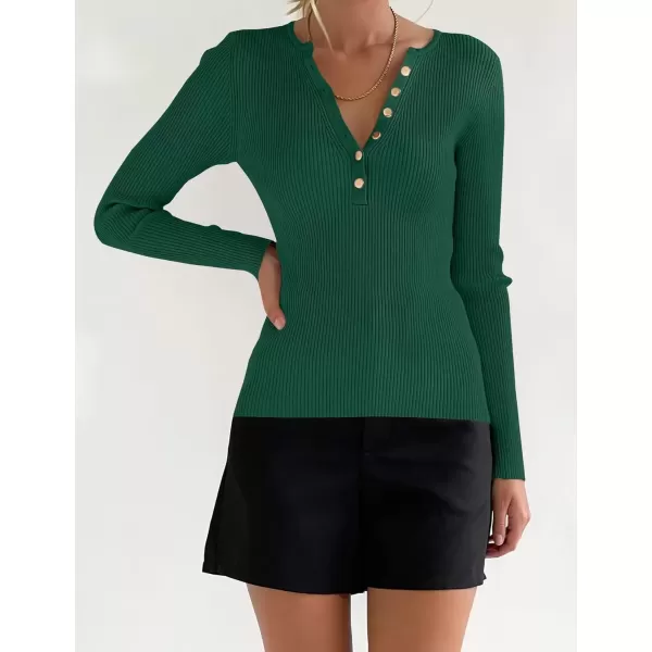 imageZESICA Womens 2024 Long Sleeve Button Down V Neck Slim Fitted T Shirts Fall Casual Ribbed Knit Basic Tee TopsGreen