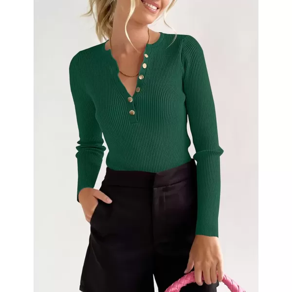 imageZESICA Womens 2024 Long Sleeve Button Down V Neck Slim Fitted T Shirts Fall Casual Ribbed Knit Basic Tee TopsGreen