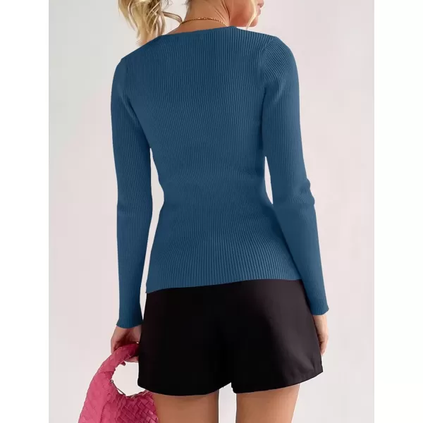 imageZESICA Womens 2024 Long Sleeve Button Down V Neck Slim Fitted T Shirts Fall Casual Ribbed Knit Basic Tee TopsGreyblue