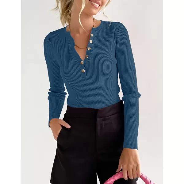 imageZESICA Womens 2024 Long Sleeve Button Down V Neck Slim Fitted T Shirts Fall Casual Ribbed Knit Basic Tee TopsGreyblue