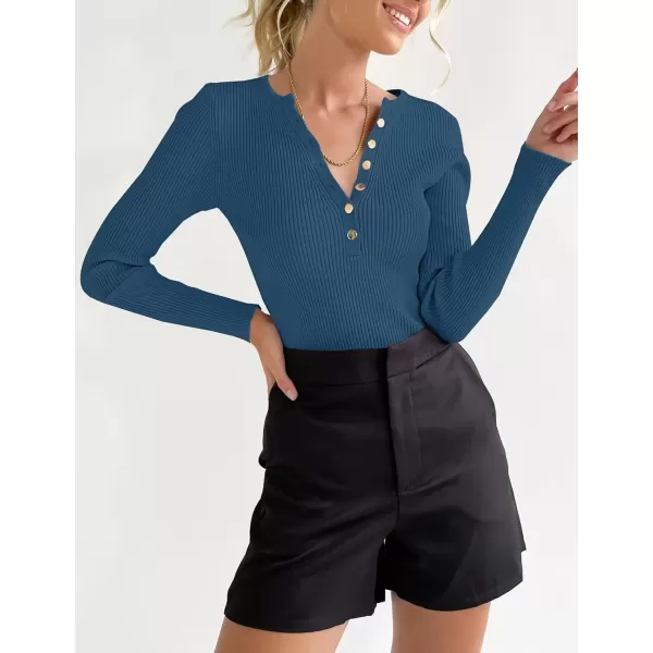 imageZESICA Womens 2024 Long Sleeve Button Down V Neck Slim Fitted T Shirts Fall Casual Ribbed Knit Basic Tee TopsGreyblue