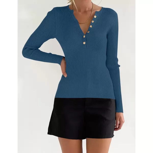 imageZESICA Womens 2024 Long Sleeve Button Down V Neck Slim Fitted T Shirts Fall Casual Ribbed Knit Basic Tee TopsGreyblue