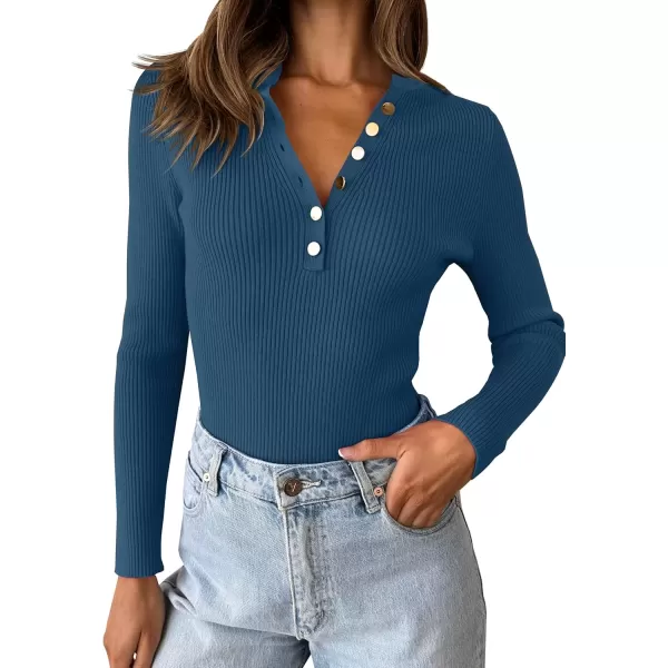 imageZESICA Womens 2024 Long Sleeve Button Down V Neck Slim Fitted T Shirts Fall Casual Ribbed Knit Basic Tee TopsGreyblue