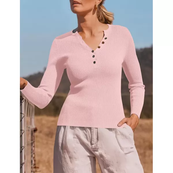 imageZESICA Womens 2024 Long Sleeve Button Down V Neck Slim Fitted T Shirts Fall Casual Ribbed Knit Basic Tee TopsPink
