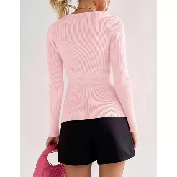 imageZESICA Womens 2024 Long Sleeve Button Down V Neck Slim Fitted T Shirts Fall Casual Ribbed Knit Basic Tee TopsPink