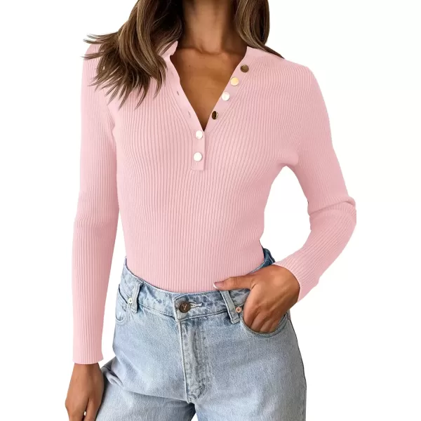 imageZESICA Womens 2024 Long Sleeve Button Down V Neck Slim Fitted T Shirts Fall Casual Ribbed Knit Basic Tee TopsPink