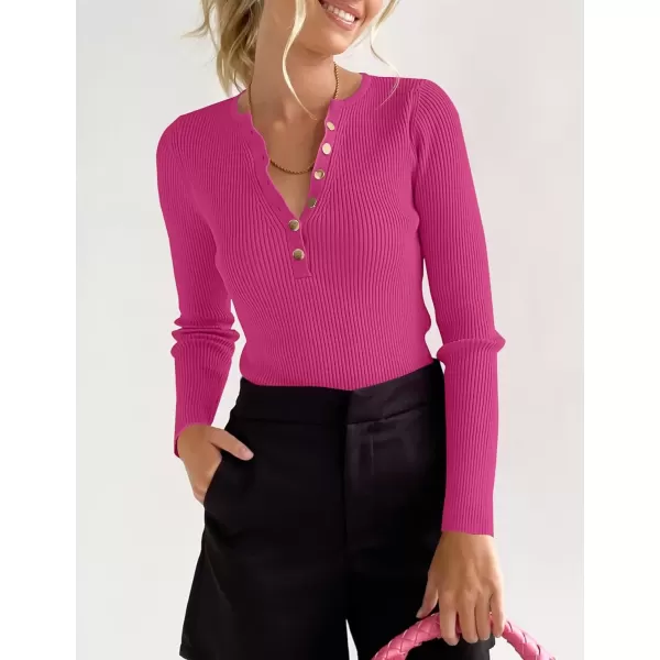 imageZESICA Womens 2024 Long Sleeve Button Down V Neck Slim Fitted T Shirts Fall Casual Ribbed Knit Basic Tee TopsRose