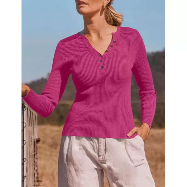 imageZESICA Womens 2024 Long Sleeve Button Down V Neck Slim Fitted T Shirts Fall Casual Ribbed Knit Basic Tee TopsRose