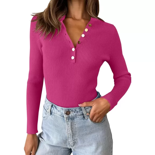 imageZESICA Womens 2024 Long Sleeve Button Down V Neck Slim Fitted T Shirts Fall Casual Ribbed Knit Basic Tee TopsRose