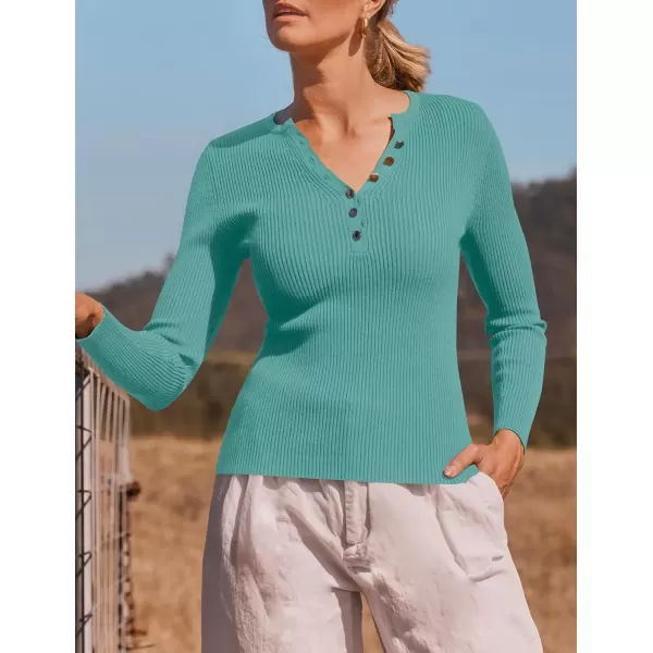 imageZESICA Womens 2024 Long Sleeve Button Down V Neck Slim Fitted T Shirts Fall Casual Ribbed Knit Basic Tee TopsSage