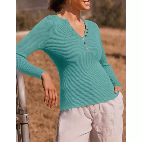 imageZESICA Womens 2024 Long Sleeve Button Down V Neck Slim Fitted T Shirts Fall Casual Ribbed Knit Basic Tee TopsSage