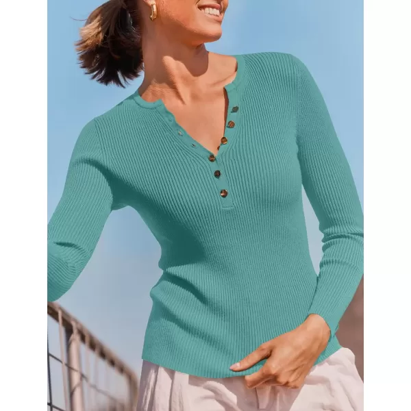 imageZESICA Womens 2024 Long Sleeve Button Down V Neck Slim Fitted T Shirts Fall Casual Ribbed Knit Basic Tee TopsSage