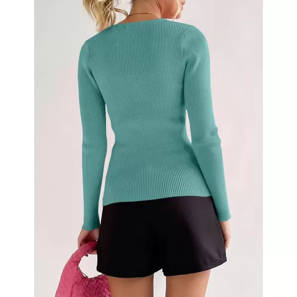 imageZESICA Womens 2024 Long Sleeve Button Down V Neck Slim Fitted T Shirts Fall Casual Ribbed Knit Basic Tee TopsSage