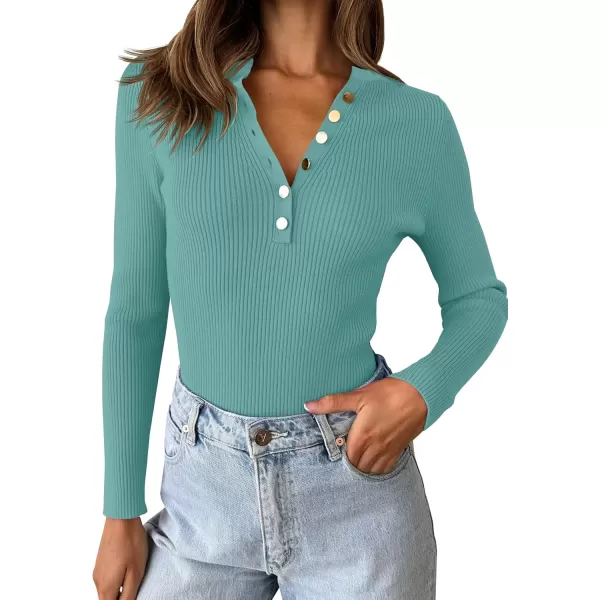 imageZESICA Womens 2024 Long Sleeve Button Down V Neck Slim Fitted T Shirts Fall Casual Ribbed Knit Basic Tee TopsSage