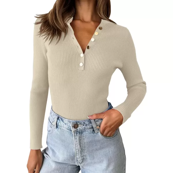 imageZESICA Womens 2024 Long Sleeve Button Down V Neck Slim Fitted T Shirts Fall Casual Ribbed Knit Basic Tee TopsSand