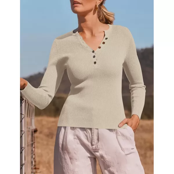 imageZESICA Womens 2024 Long Sleeve Button Down V Neck Slim Fitted T Shirts Fall Casual Ribbed Knit Basic Tee TopsSand