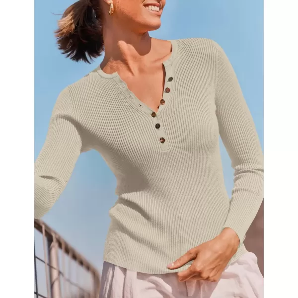 imageZESICA Womens 2024 Long Sleeve Button Down V Neck Slim Fitted T Shirts Fall Casual Ribbed Knit Basic Tee TopsSand