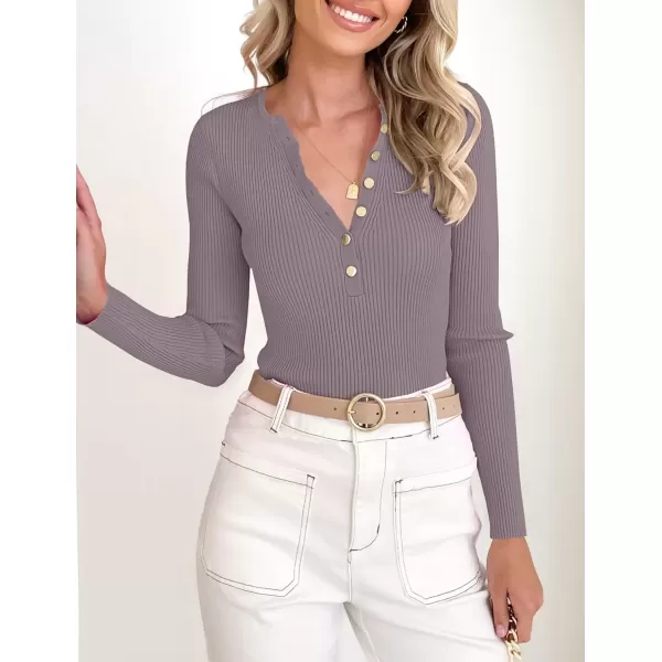 imageZESICA Womens 2024 Long Sleeve Button Down V Neck Slim Fitted T Shirts Fall Casual Ribbed Knit Basic Tee TopsTaro
